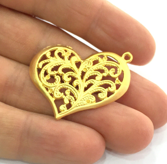 1 Pc (38x30 mm)  Heart Pendant , Gold Plated Metal G3190