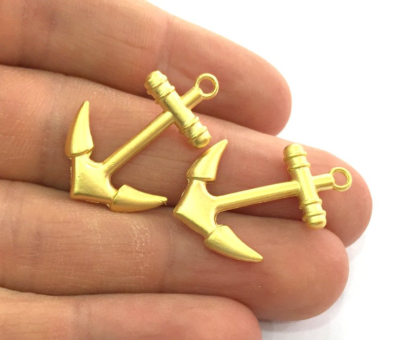 2 Anchor Charms, Gold Plated Metal (25x18 mm) G3209