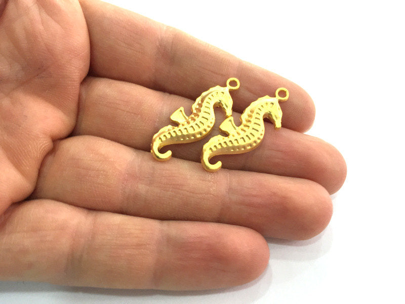 2 Gold Sea Horse Charms, Gold Plated  2 Pcs (32x12 mm)  G3212