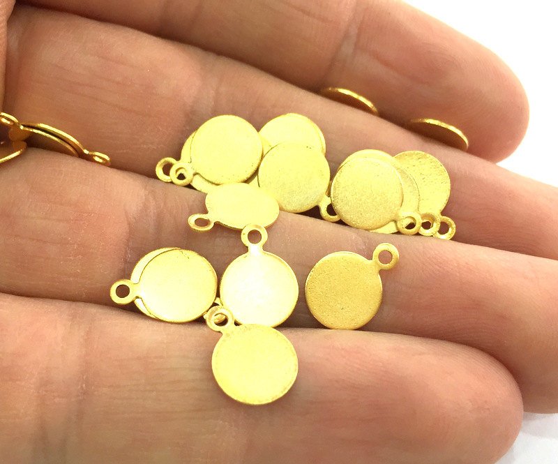 10 Pcs (10 mm)  Round Charms , Gold Plated Brass G3225