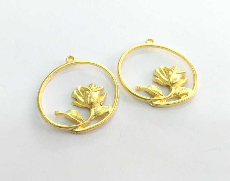 2  Rose Charms  34mm ,Gold Plated Metal   G3341