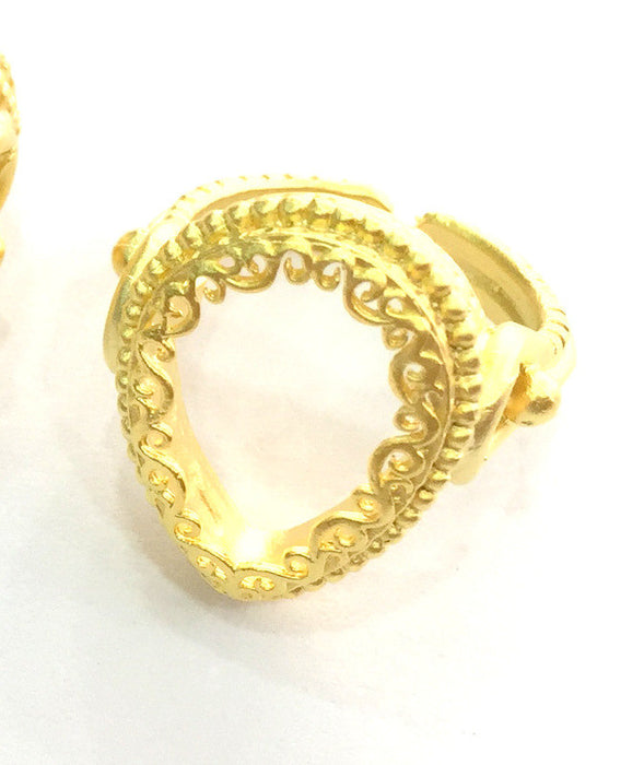 Gold Ring Blank Ring Setting Ring Bezel Base Cabochon Mountings Adjustable Ring Blank (18x13mm Drop Blank) , Gold Plated Brass G3358