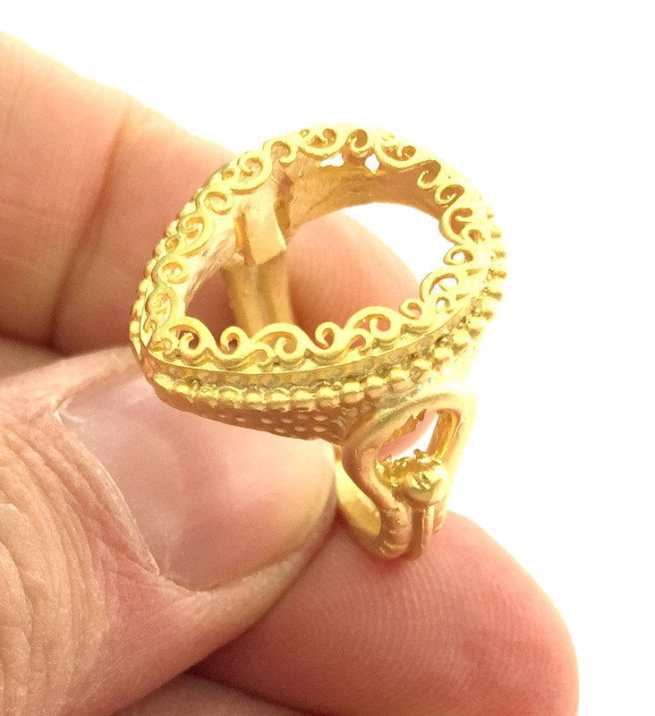 Gold Ring Blank Ring Setting Ring Bezel Base Cabochon Mountings Adjustable Ring Blank (18x13mm Drop Blank) , Gold Plated Brass G3358