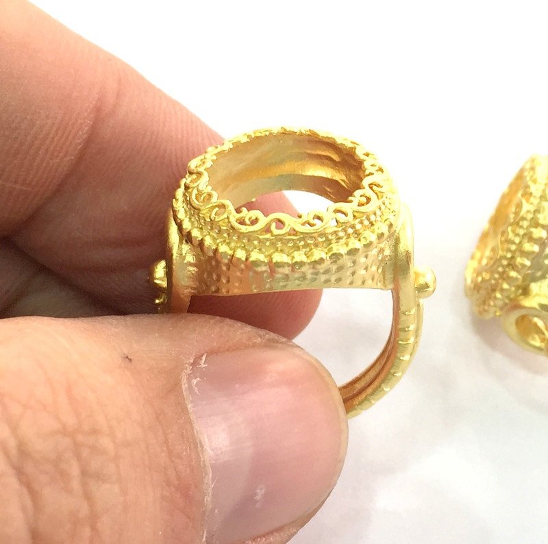 Gold Ring Settings Ring Blank Ring Bezel Base Cabochon Mountings Adjustable  (14mm Blank) , Gold Plated Brass G3455
