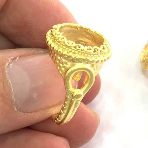 Gold Ring Settings Ring Blank Ring Bezel Base Cabochon Mountings Adjustable  (14mm Blank) , Gold Plated Brass G3455