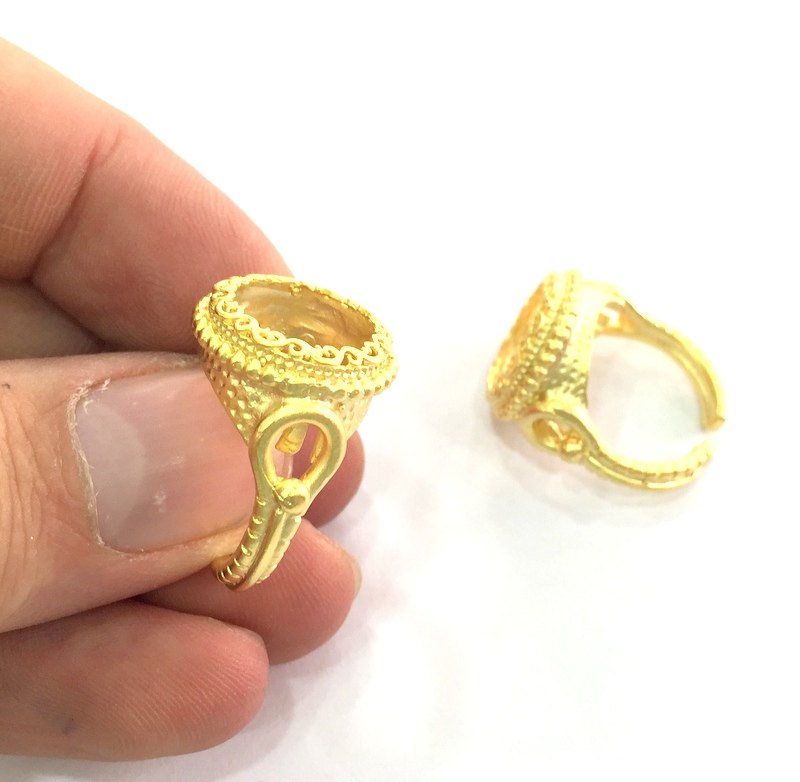 Gold Ring Settings Ring Blank Ring Bezel Base Cabochon Mountings Adjustable  (14mm Blank) , Gold Plated Brass G3455