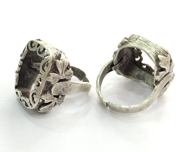 Ring Blank Base Bezel Setting Adjustable  Blank, (20x14 mm Blank) , Antique Silver Plated Brass G3474