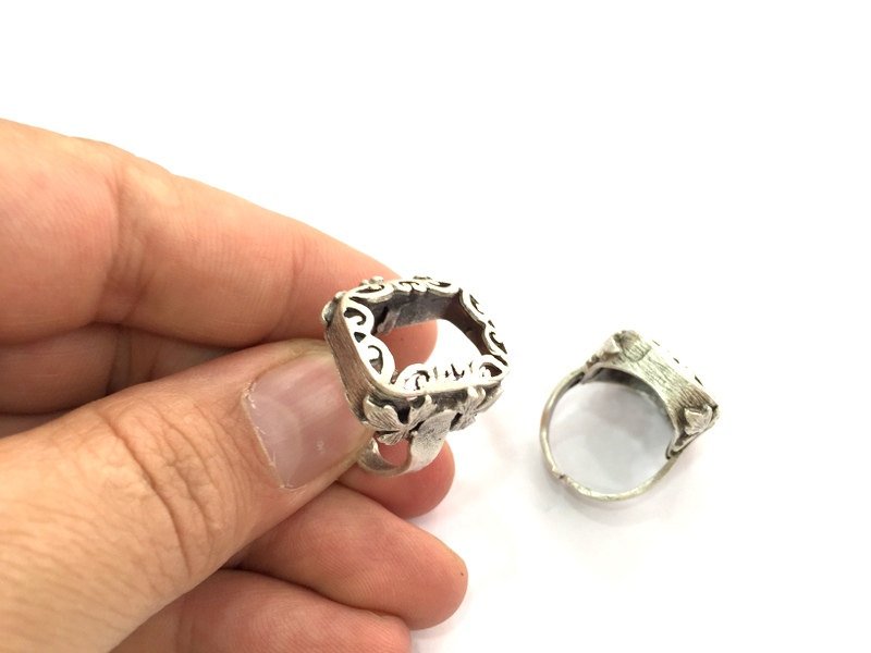 Ring Blank Base Bezel Setting Adjustable  Blank, (20x14 mm Blank) , Antique Silver Plated Brass G3474