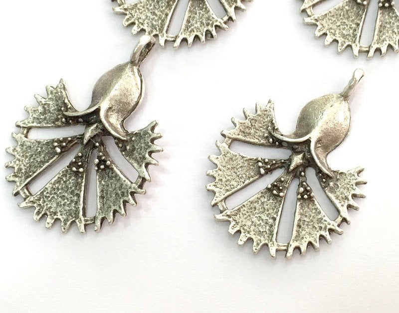 2 Flower Charms, Antique Silver Plated Brass   G3473