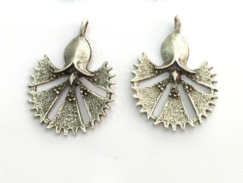 2 Flower Charms, Antique Silver Plated Brass   G3473