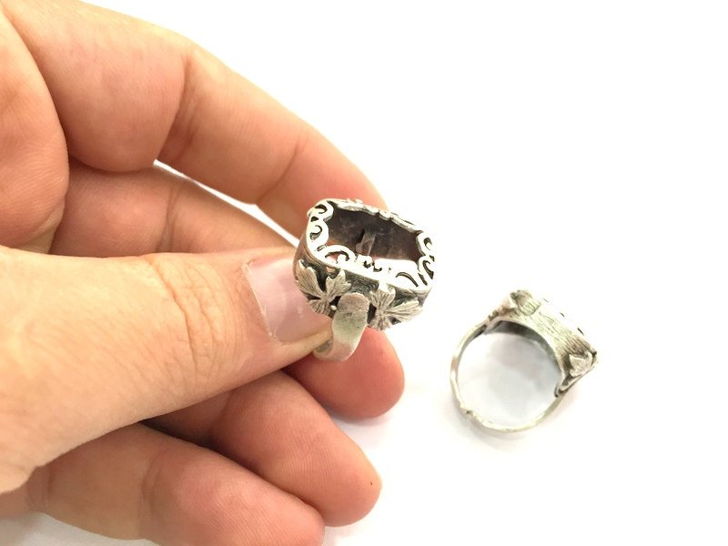 Ring Blank Base Bezel Setting Adjustable  Blank, (20x14 mm Blank) , Antique Silver Plated Brass G3474