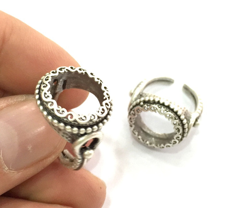 Ring Blank Bezel Settings Cabochon Base Mountings Adjustable (14mm Blank), Antique Silver Plated Brass G3504