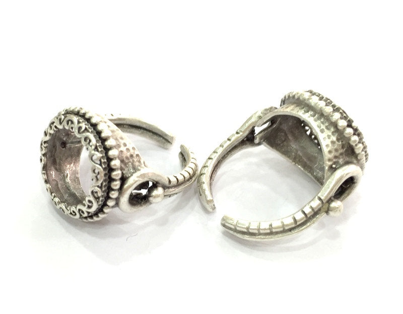 Ring Blank Bezel Settings Cabochon Base Mountings Adjustable (14mm Blank), Antique Silver Plated Brass G3504