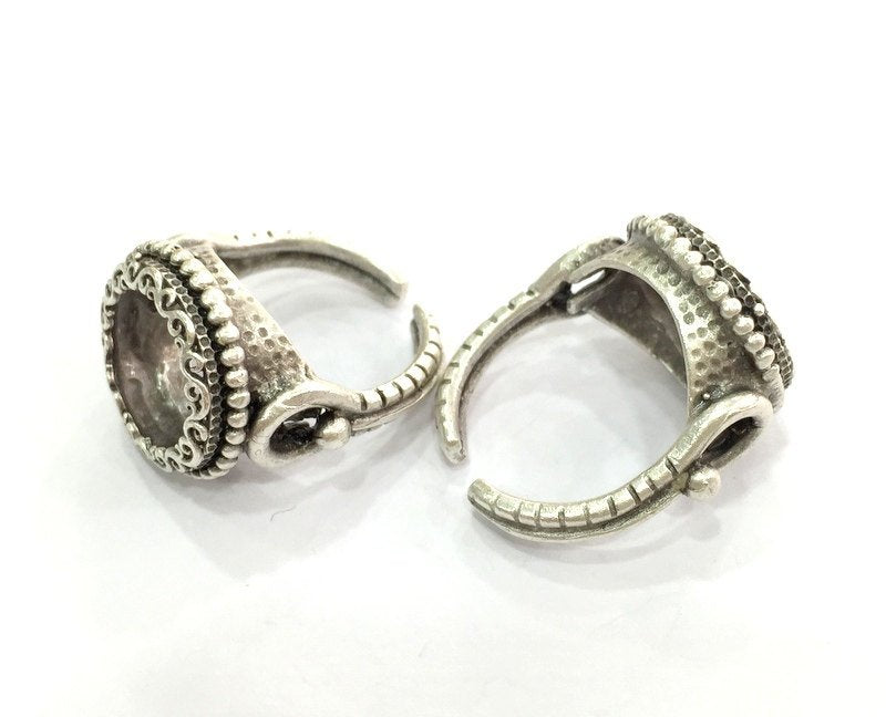 Ring Blank Bezel Settings Cabochon Base Mountings Adjustable (14mm Blank), Antique Silver Plated Brass G3504