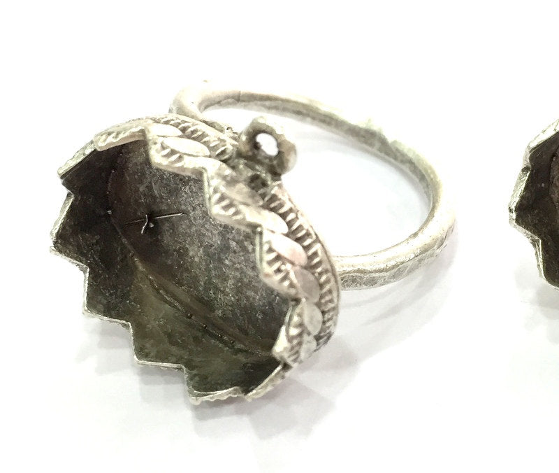 Silver Ring Settings Ring Blank Ring Bezel Base Cabochon Mountings Adjustable  (18x13mm Blank)  , Antique Silver Plated Brass G3505