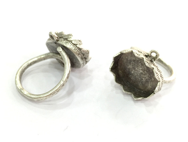 Silver Ring Settings Ring Blank Ring Bezel Base Cabochon Mountings Adjustable  (18x13mm Blank)  , Antique Silver Plated Brass G3505