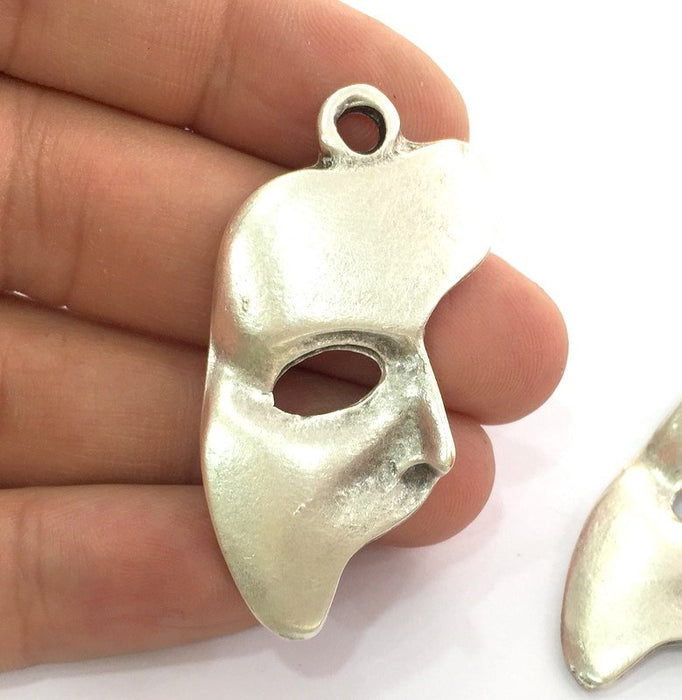 2 Mask Pendants , Antique Silver Plated Metal  52x28 mm   G13818