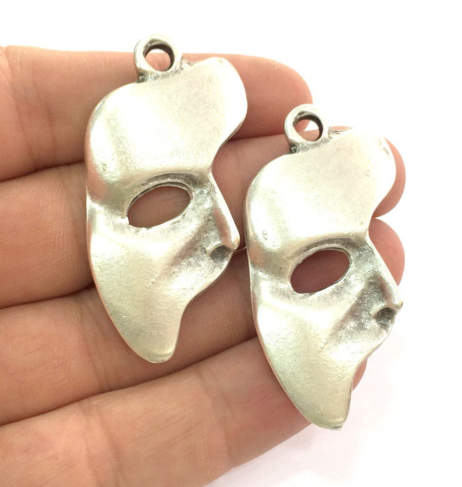 2 Mask Pendants , Antique Silver Plated Metal  52x28 mm   G13818