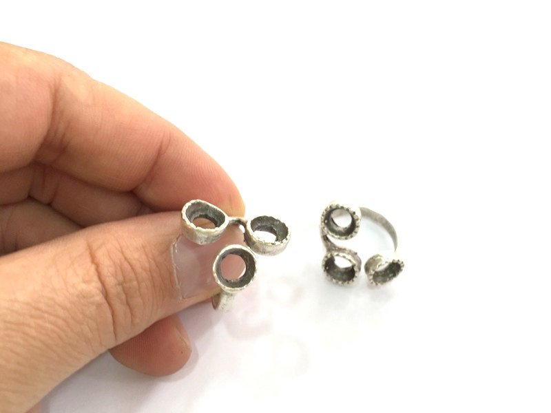 Silver Ring Blank Base Bezel Settings Cabochon Base Mountings Adjustable  (8mm Blank) , Antique Silver Plated Brass G3500