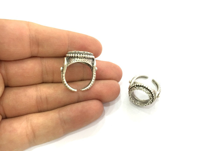 Ring Blank Bezel Settings Cabochon Base Mountings Adjustable (14mm Blank), Antique Silver Plated Brass G3504