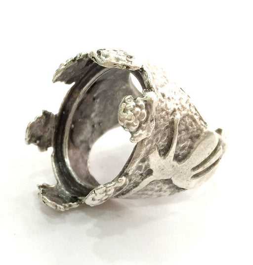 Silver Ring Bezel Ring Blank Adjustable (23x16mm Blank) , Antique Silver Plated Brass G3523