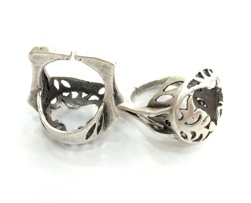 Silver Ring Blank Bezel Settings Cabochon Base Mountings Adjustable (18mm Blank) , Antique Silver Plated Brass G3532
