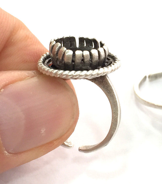 Silver Ring Blank Base Bezel Settings Cabochon Base Mountings Adjustable (10mm Blank) , Antique Silver Plated Brass G3540