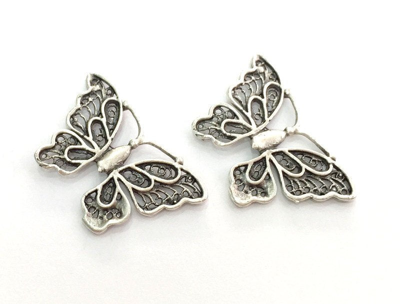 2 Butterfly Charms Antique Silver Plated Brass (30x20 mm) G3542