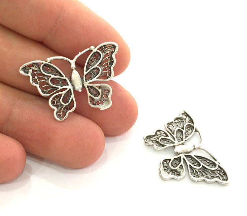 2 Butterfly Charms Antique Silver Plated Brass (30x20 mm) G3542