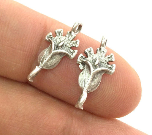 4 Pcs Antique Silver Plated Brass Flower Charms  G3569