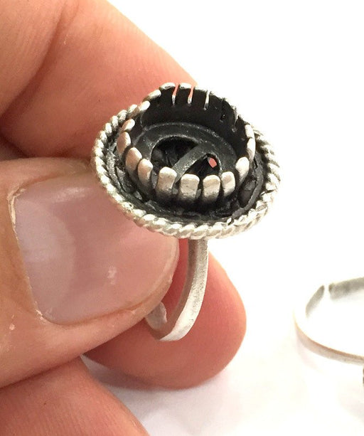 Silver Ring Blank Base Bezel Settings Cabochon Base Mountings Adjustable (10mm Blank) , Antique Silver Plated Brass G3540