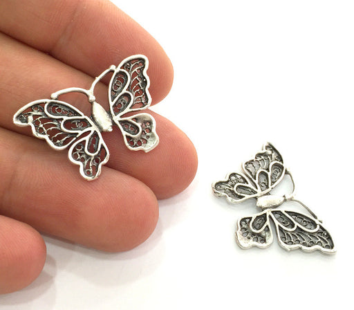 2 Butterfly Charms Antique Silver Plated Brass (30x20 mm) G3542