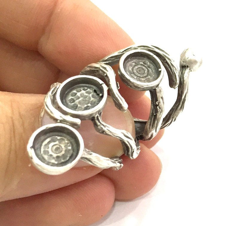 Silver Ring Bezel Base Settings Blank Cabochon Base Mountings Adjustable (8mm Blank) , Antique Silver Plated Brass G16441