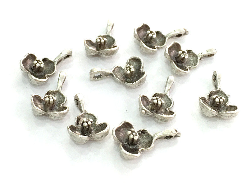 10 Antique Silver Charms Antique Silver Plated Brass Flower Charms   G3568