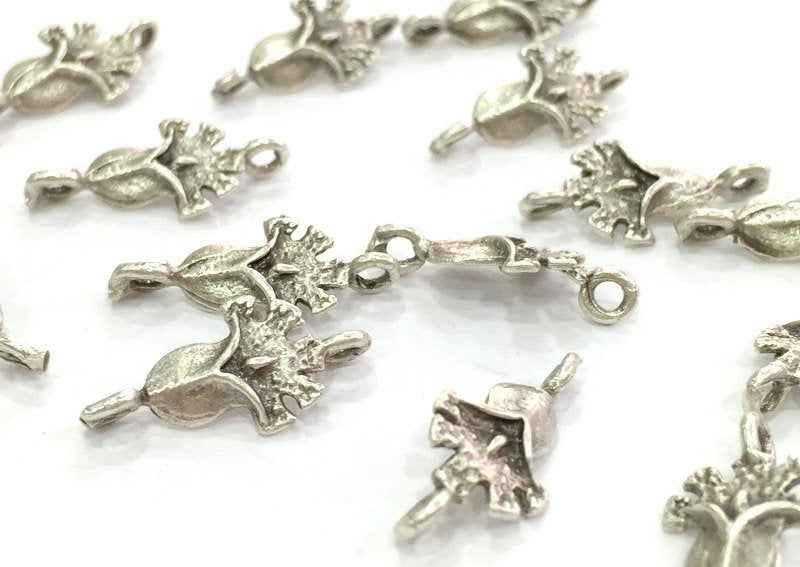 4 Pcs Antique Silver Plated Brass Flower Charms  G3569