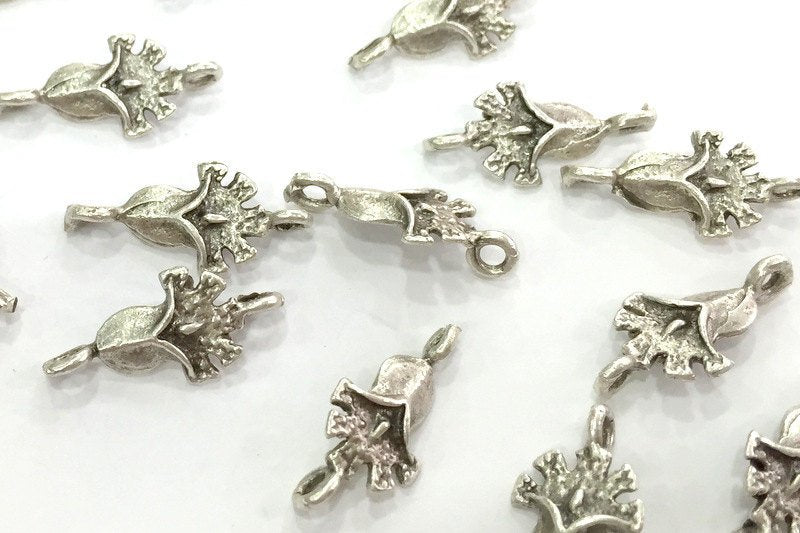 4 Pcs Antique Silver Plated Brass Flower Charms  G3569