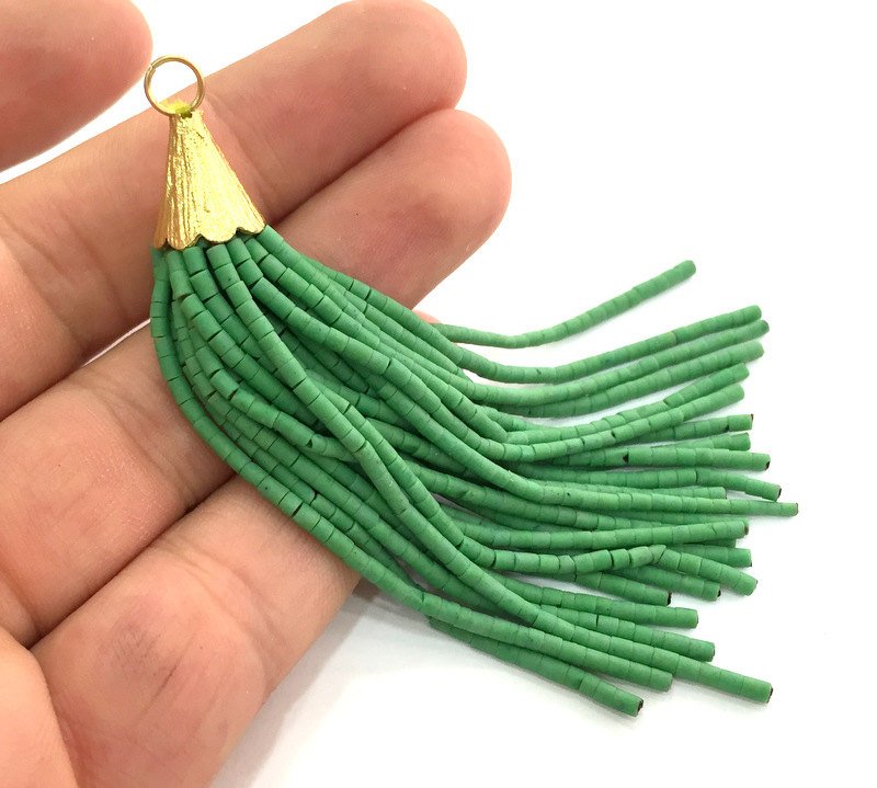 Green Afghan Seed Beads Tassel, Large Tassel 100mm - 4 inches , Gold Plated Bead Cap G3627