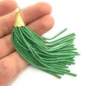 Green Afghan Seed Beads Tassel, Large Tassel 100mm - 4 inches , Gold Plated Bead Cap G3627