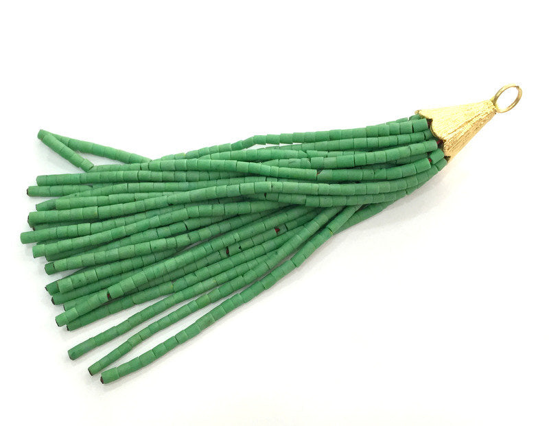 Green Afghan Seed Beads Tassel, Large Tassel 100mm - 4 inches , Gold Plated Bead Cap G3627