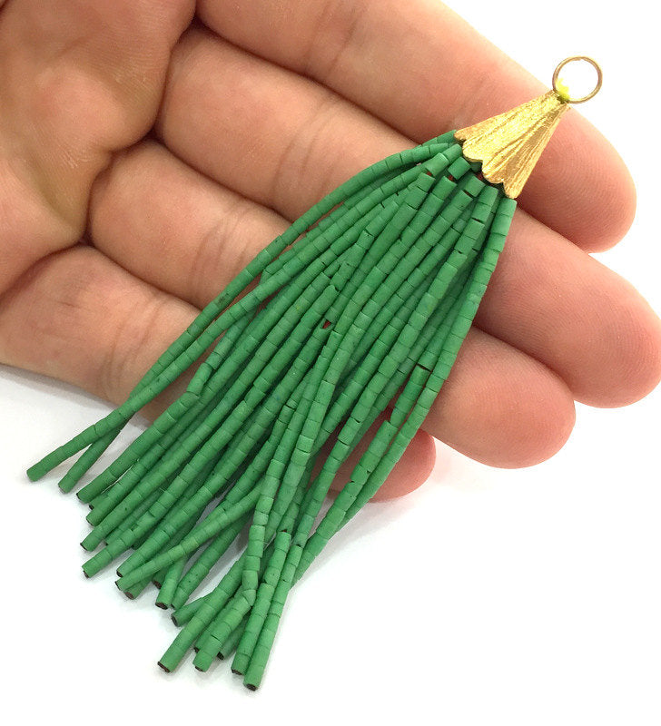 Green Afghan Seed Beads Tassel, Large Tassel 100mm - 4 inches , Gold Plated Bead Cap G3627