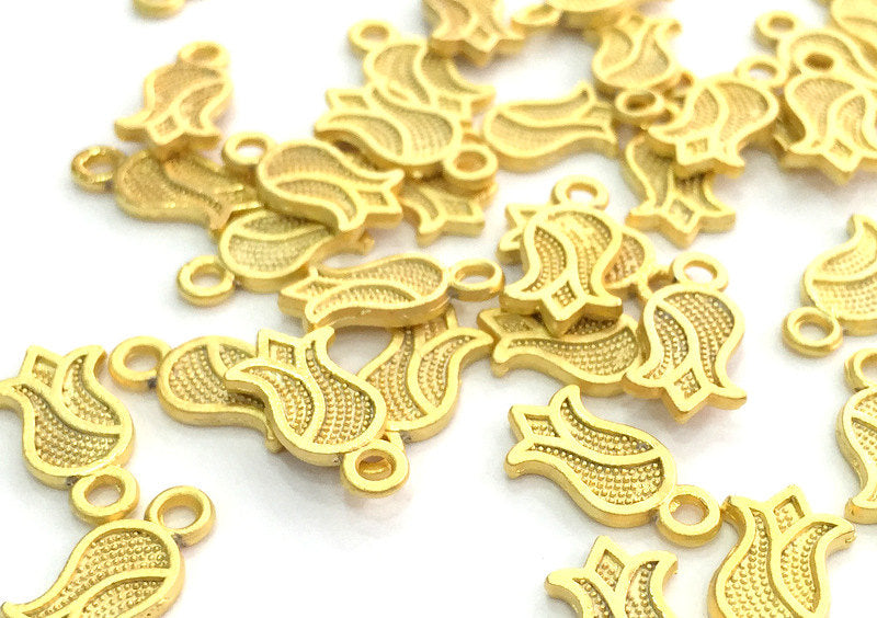 10 Pcs (12x7 mm)  Tulip Charms , Gold Plated Metal G3639