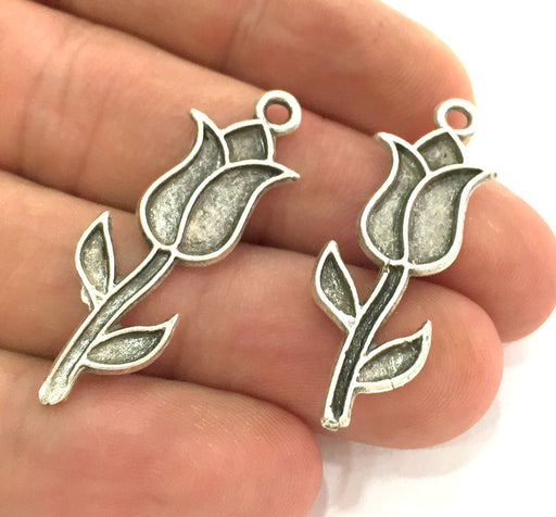 10 Pcs (37x13 mm)  Antique Silver Plated Metal Tulip  Charms  G3769