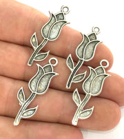 10 Pcs (37x13 mm)  Antique Silver Plated Metal Tulip  Charms  G3769