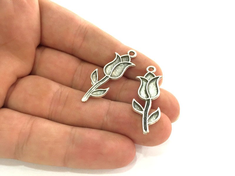 10 Pcs (37x13 mm)  Antique Silver Plated Metal Tulip  Charms  G3769