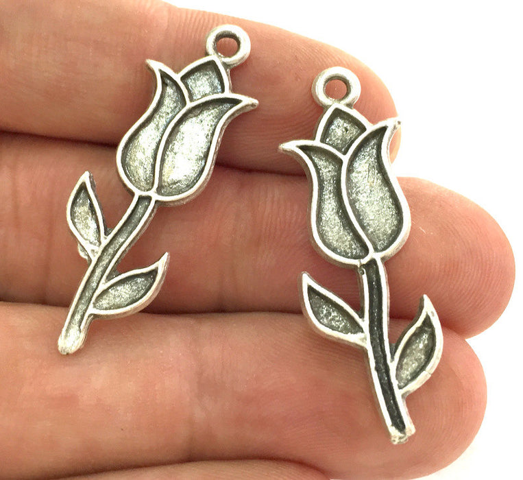 10 Pcs (37x13 mm)  Antique Silver Plated Metal Tulip  Charms  G3769