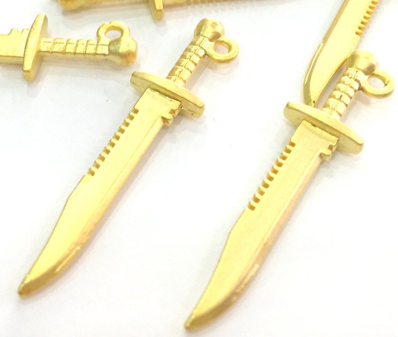 2 Pcs (45x11 mm) Gold Plated  Knife Charms , G3787