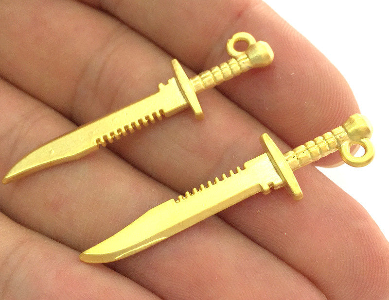 2 Pcs (45x11 mm) Gold Plated  Knife Charms , G3787