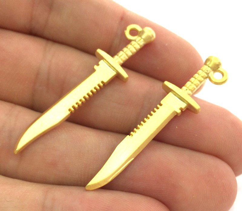 2 Pcs (45x11 mm) Gold Plated  Knife Charms , G3787