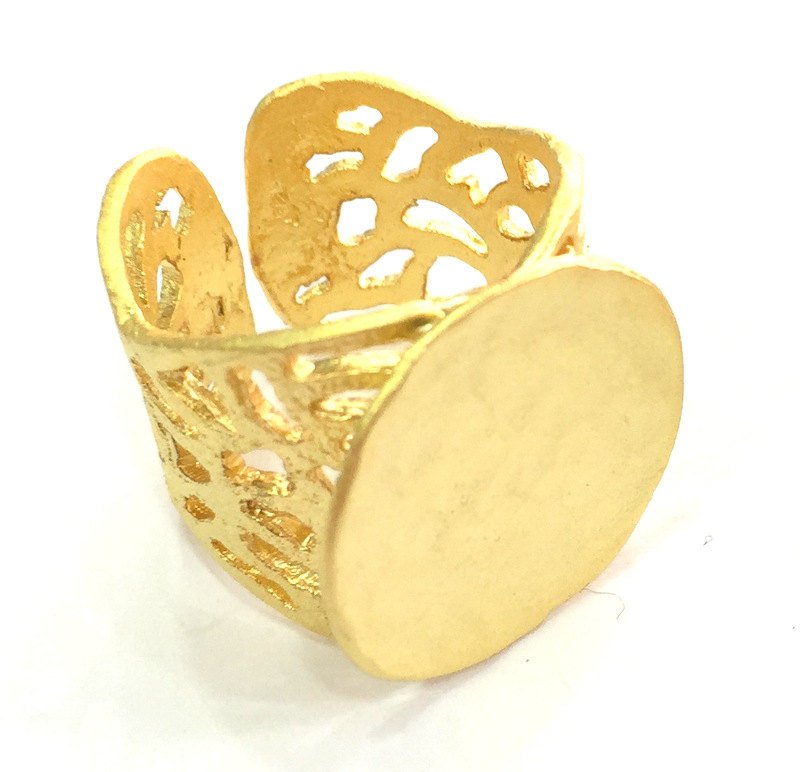 Gold Ring Blank Bezel Settings Cabochon Base Mountings Adjustable (20mm blank ) Gold Plated Brass G3835