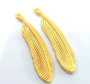 2 Feather Charms Gold Charms Gold Plated Brass (45x8 mm.)   G686